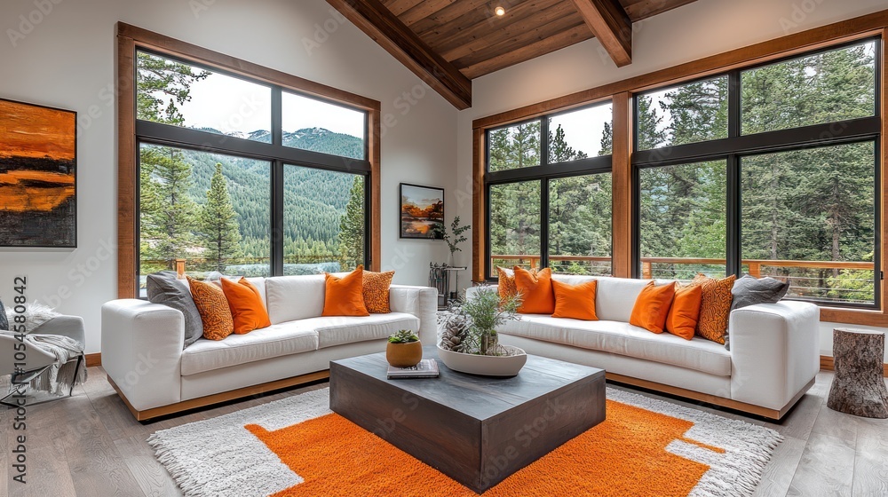 Modern living room with two white sofas, orange throw pillows, a wooden coffee table, and large windows overlooking a forest. Modern living room with two white sofas, orange throw pillows, a wooden coffee table, and large windows overlooking a forest.