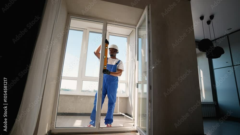 African American Technician Using Level for Precision in Window Installation African American Technician Using Level for Precision in Window Installation