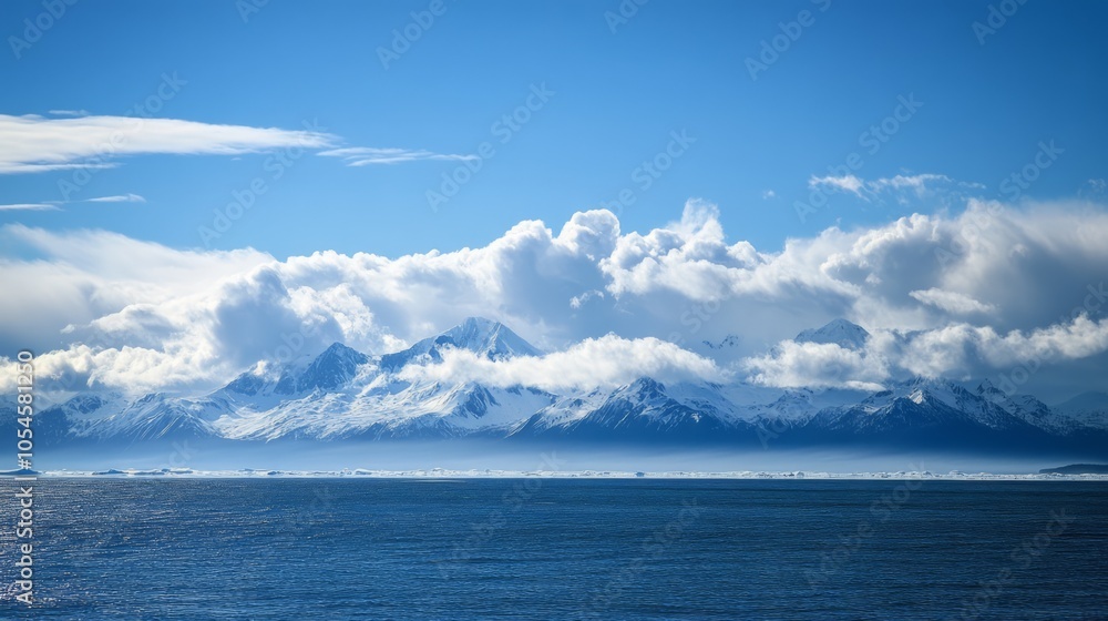 Majestic Mountain Range Under a Clear Blue Sky with Reflection on Water Majestic Mountain Range Under a Clear Blue Sky with Reflection on Water