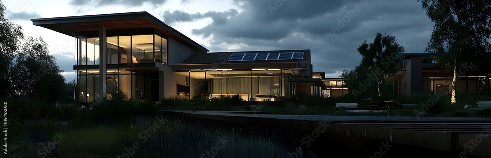 Modern architectural design featuring a well-lit house at night amidst a natural setting. Modern architectural design featuring a well-lit house at night amidst a natural setting.
