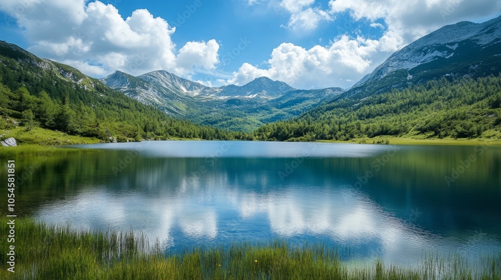 Fototapeta premium Serene Mountain Lake Surrounded by Majestic Peaks and Lush Greenery