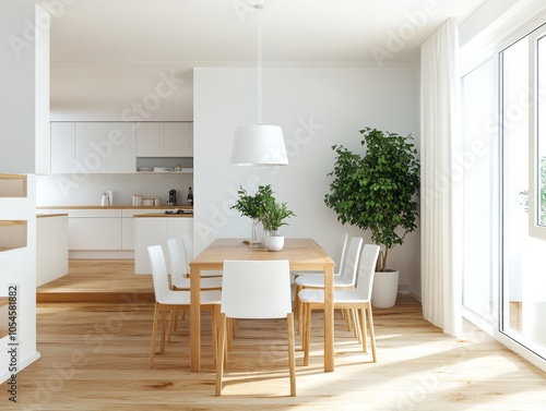 Multifunctional dining room with white walls and stackable dining chairs for space-saving