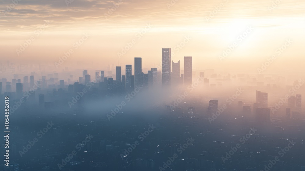 Aerial View of City Skyline at Sunrise with Morning Mist Aerial View of City Skyline at Sunrise with Morning Mist