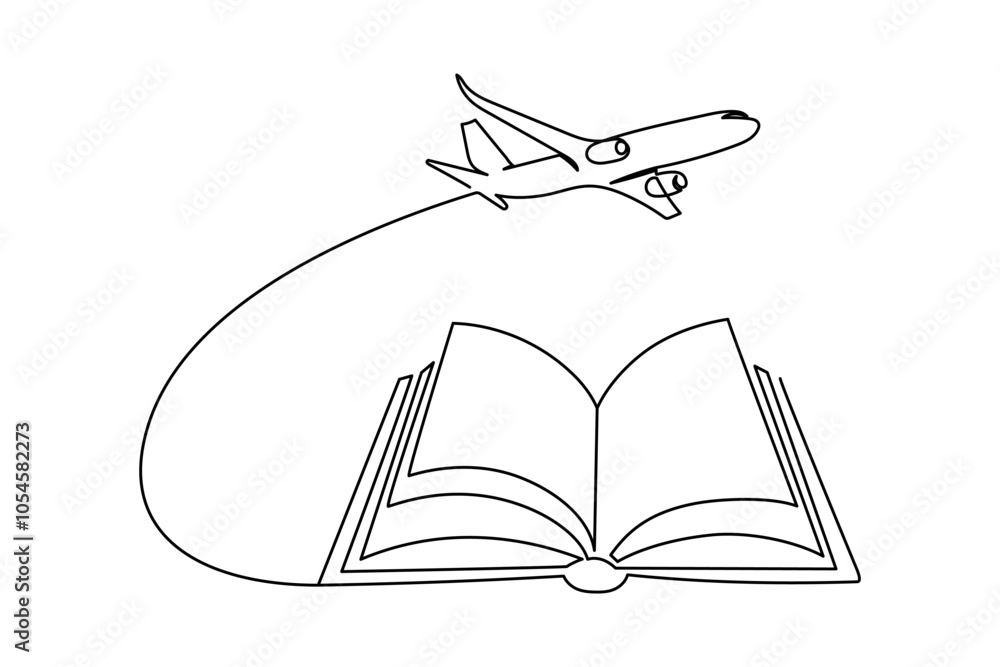 Opened book and flying air plane in one continuous line drawing. Studying in traveling banner in simple linear style. Editable stroke. Doodle vector illustration Opened book and flying air plane in one continuous line drawing. Studying in traveling banner in simple linear style. Editable stroke. Doodle vector illustration