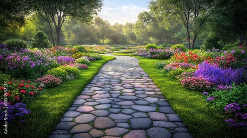 Fototapeta Naklejka Na Ścianę i Meble -  Winding stone path through a lush, colorful garden with vibrant flowers in bloom.