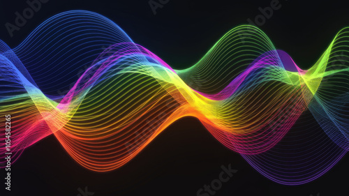 Wallpaper Mural A vibrant abstract wave pattern featuring colorful lines in shades of pink, blue, green, and yellow against a dark background, creating a dynamic and energetic visual effect. Torontodigital.ca