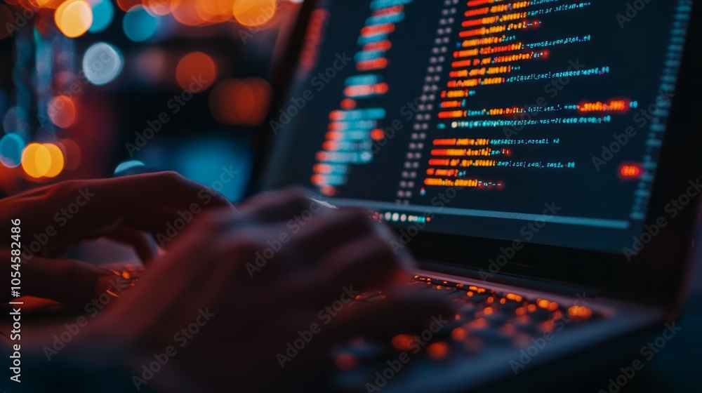 Close-up of a Programmer's Hands Typing Code on a Laptop in a Dark Environment Close-up of a Programmer's Hands Typing Code on a Laptop in a Dark Environment