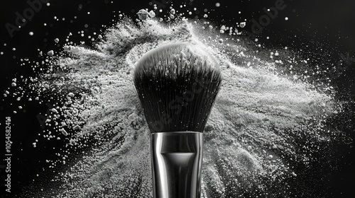 Cloud of loose white face powder with a black makeup brush, black background, beauty concept photo