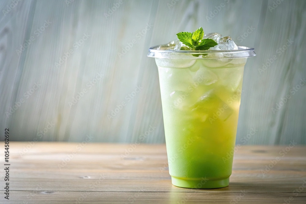 Mint iced tea, pale green, plastic cup, white background Mint iced tea, pale green, plastic cup, white background