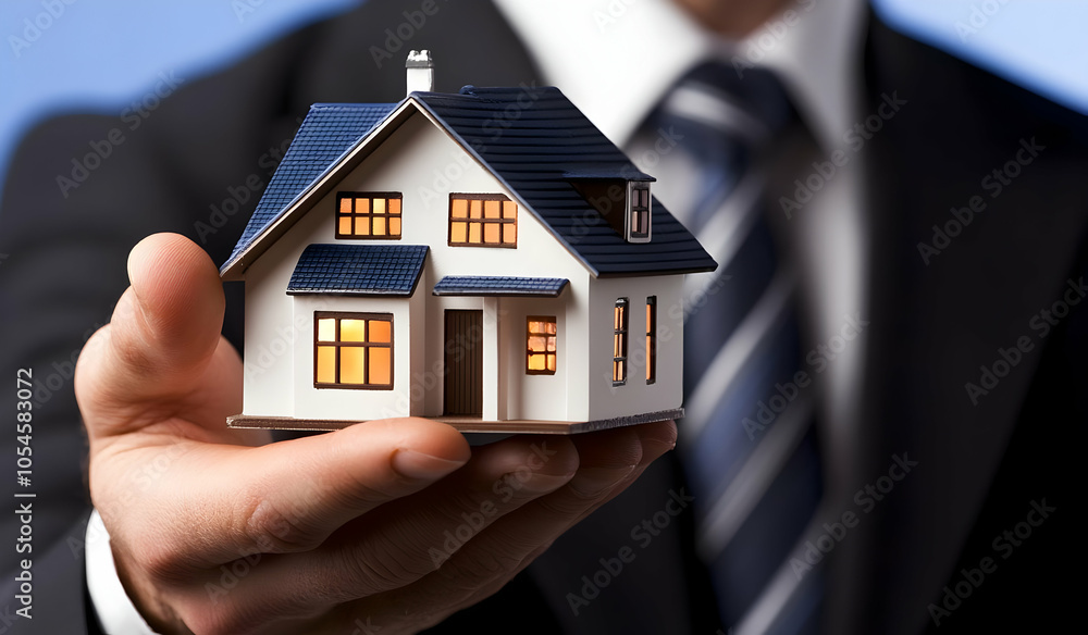 A person in a suit holds a small model house, symbolizing real estate or home ownership. A person in a suit holds a small model house, symbolizing real estate or home ownership.
