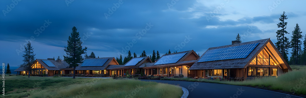 A serene evening view of modern wooden cabins with solar panels in a natural setting. A serene evening view of modern wooden cabins with solar panels in a natural setting.