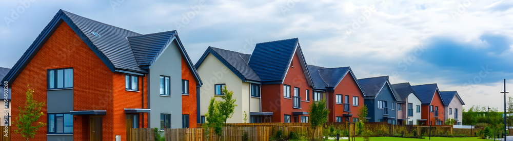 A row of modern houses with varied colors and designs under a cloudy sky. A row of modern houses with varied colors and designs under a cloudy sky.