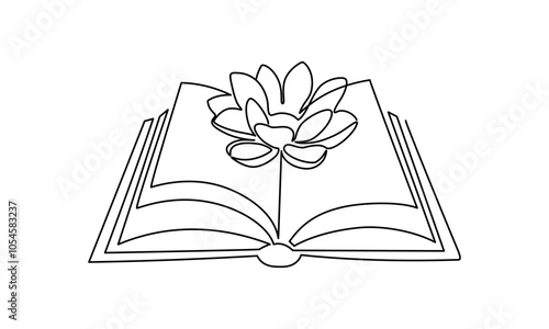Opened book and Lotus flower in one continuous line drawing. Yoga studio logo and wellness spa banner in simple linear style. Water lily editable stroke. Doodle oneline vector illustration