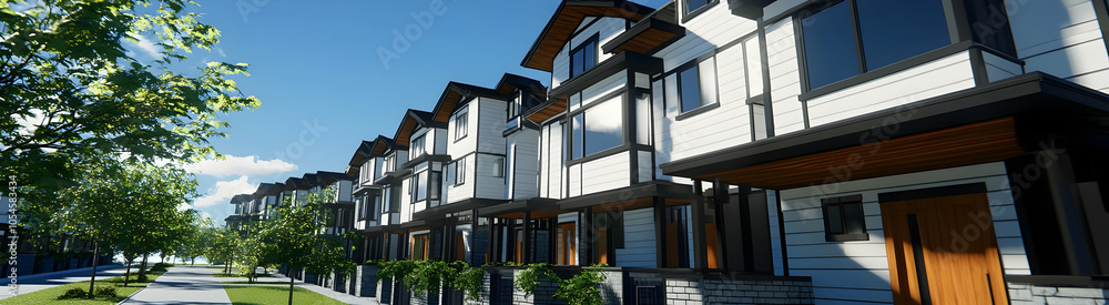 Modern residential buildings with a clear blue sky and green landscaping. Modern residential buildings with a clear blue sky and green landscaping.