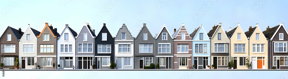 A row of modern houses showcasing various architectural styles and colors. A row of modern houses showcasing various architectural styles and colors.