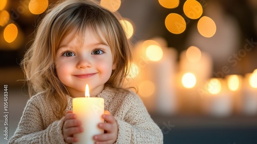 Smiling child holding a lit candle with a warm, glowing background, AI