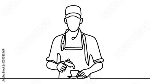 One continuous line illustration of a barista, isolated on white background.