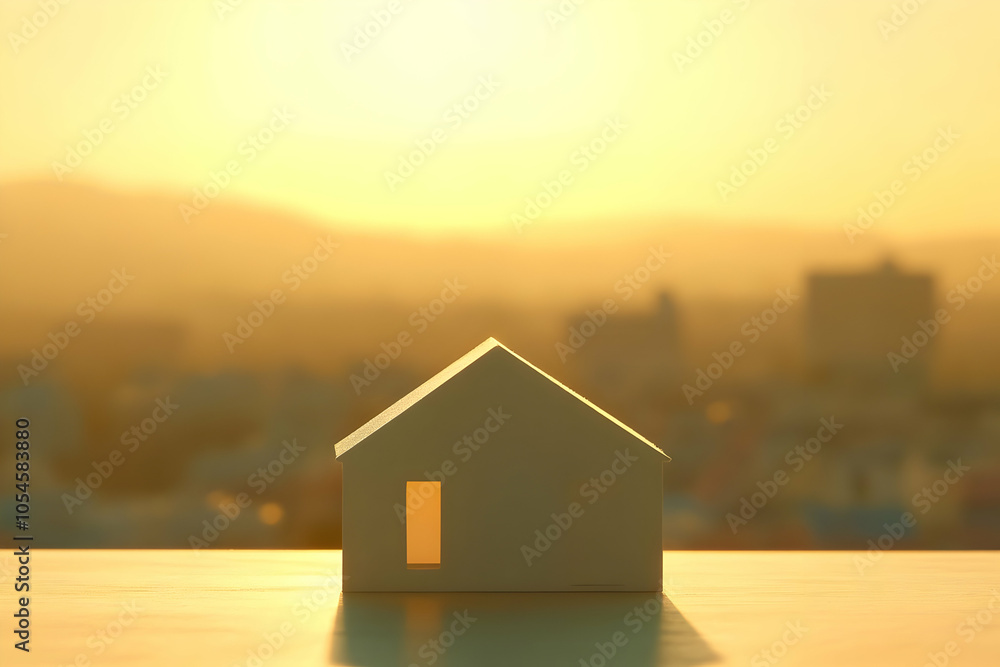 A small white house model silhouetted against a warm sunset. A small white house model silhouetted against a warm sunset.