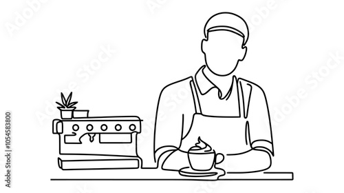 One continuous line illustration of a barista, isolated on white background.