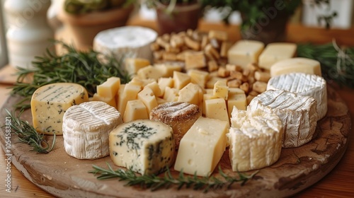 Gourmet Cheese Board Selection A Variety of Cheeses, Crackers, and Rosemary on a Wooden Platter