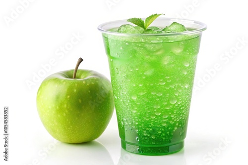 Green apple soda, clear with pale green tint, plastic cup, isolated white