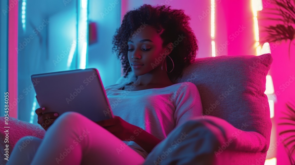 Young Woman Relaxing at Home with Tablet in Modern Colorful Ambient Lighting Young Woman Relaxing at Home with Tablet in Modern Colorful Ambient Lighting