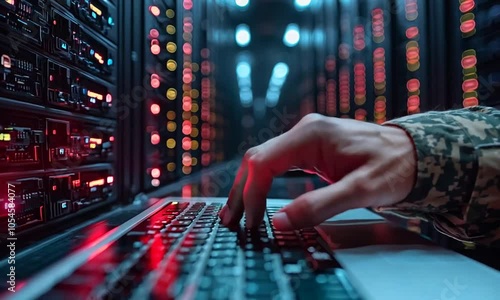 A hand typing on a laptop in a server room with illuminated servers.