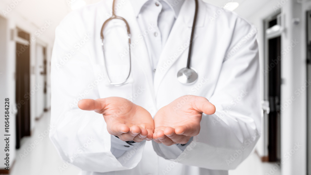 Closeup of unrecognizable doctor holding invisible object on his open palms, standing over white background, cropped image Closeup of unrecognizable doctor holding invisible object on his open palms, standing over white background, cropped image