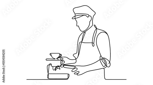 One continuous line illustration of a barista, isolated on white background.