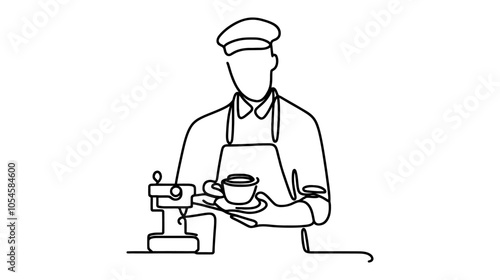 One continuous line illustration of a barista, isolated on white background.