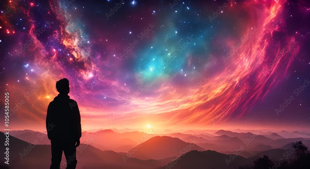 Person in silhouette gazing at a vibrant cosmic sky filled with swirling colorful clouds and cosmic light Concepts of wonder exploration and the vastness of the universe 4K Person in silhouette gazing at a vibrant cosmic sky filled with swirling colorful clouds and cosmic light Concepts of wonder exploration and the vastness of the universe 4K