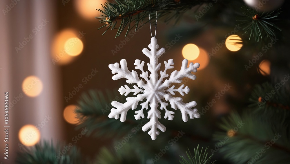 A delicate white snowflake ornament is suspended from a Christmas tree branch, surrounded by soft, warm lights that create a cozy holiday atmosphere A delicate white snowflake ornament is suspended from a Christmas tree branch, surrounded by soft, warm lights that create a cozy holiday atmosphere