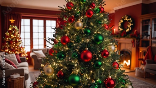 A lush Christmas tree adorned with red and green ornaments stands elegantly in a warm living room. Cozy seating and a fireplace create a festive atmosphere, inviting a joyful holiday spirit