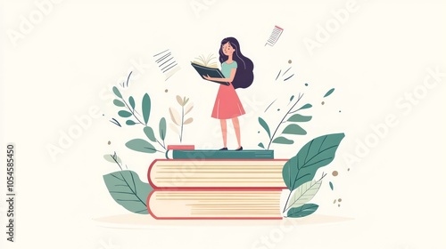 Girl Reading on Stacked Books Surrounded by Nature