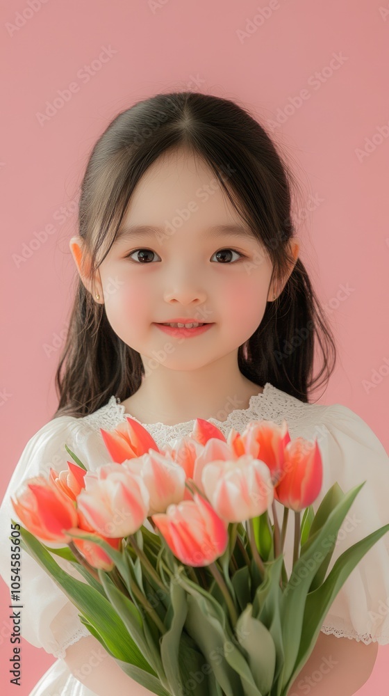 Young Girl Holding a Bouquet of Tulips Against a Pink Background Young Girl Holding a Bouquet of Tulips Against a Pink Background