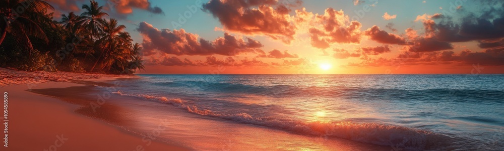 Sunset on a tropical beach with waves crashing into shore Sunset on a tropical beach with waves crashing into shore