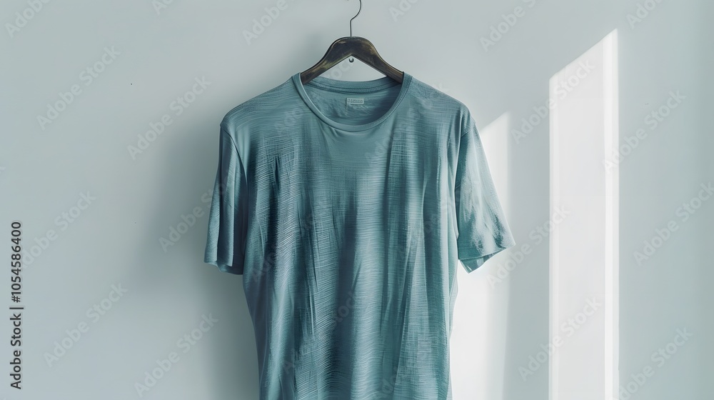 A light blue t-shirt hanging on a wooden hanger against a plain wall. A light blue t-shirt hanging on a wooden hanger against a plain wall.