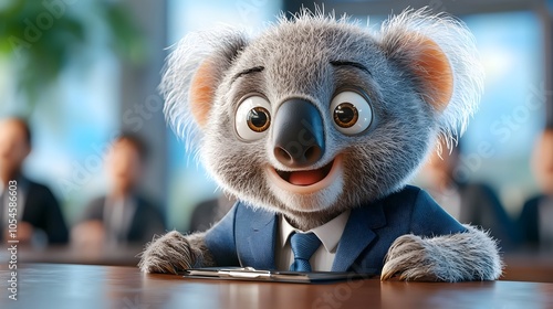 Whimsical 3D of an anthropomorphic koala dressed in a professional business suit sitting at a conference table in a corporate office setting