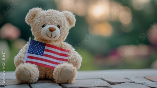 Cute Teddy Bear Holding American Flag in Outdoor Setting