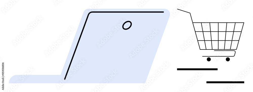 Open laptop next to empty shopping cart with lines representing text on white background. Ideal for online shopping, e-commerce, digital marketing, internet sales, and business promotion. Simple flat Open laptop next to empty shopping cart with lines representing text on white background. Ideal for online shopping, e-commerce, digital marketing, internet sales, and business promotion. Simple flat