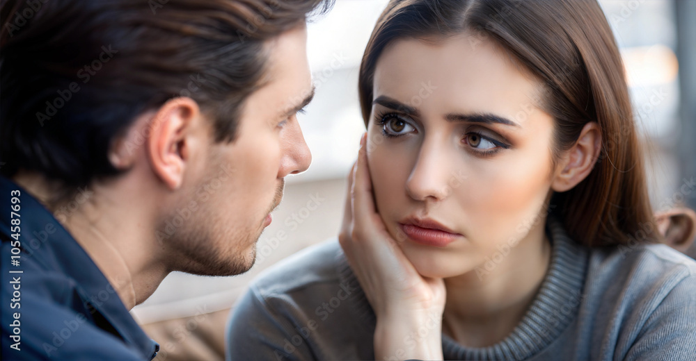Couple in Serious Conversation with Intense Eye Contact Couple in Serious Conversation with Intense Eye Contact