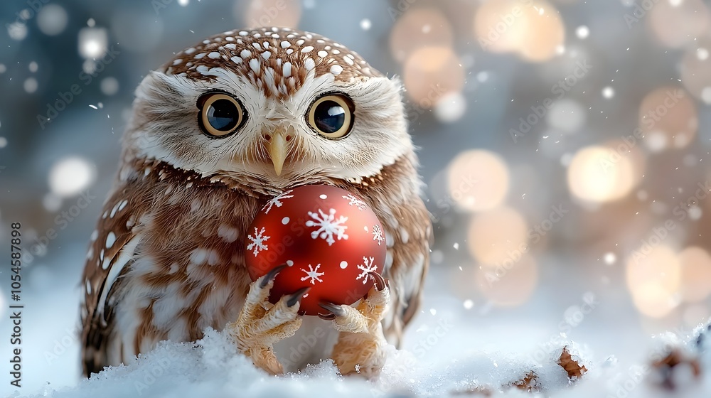 Adorable miniature owl perched on a snowy pine branch holding a festive Christmas bauble in its talons Adorable miniature owl perched on a snowy pine branch holding a festive Christmas bauble in its talons