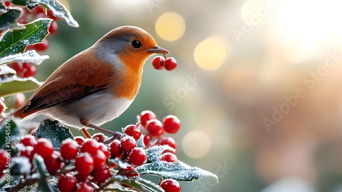 A tiny brightly colored bird perched on a Christmas tree delicately decorating the branches with festive red green and yellow ornaments