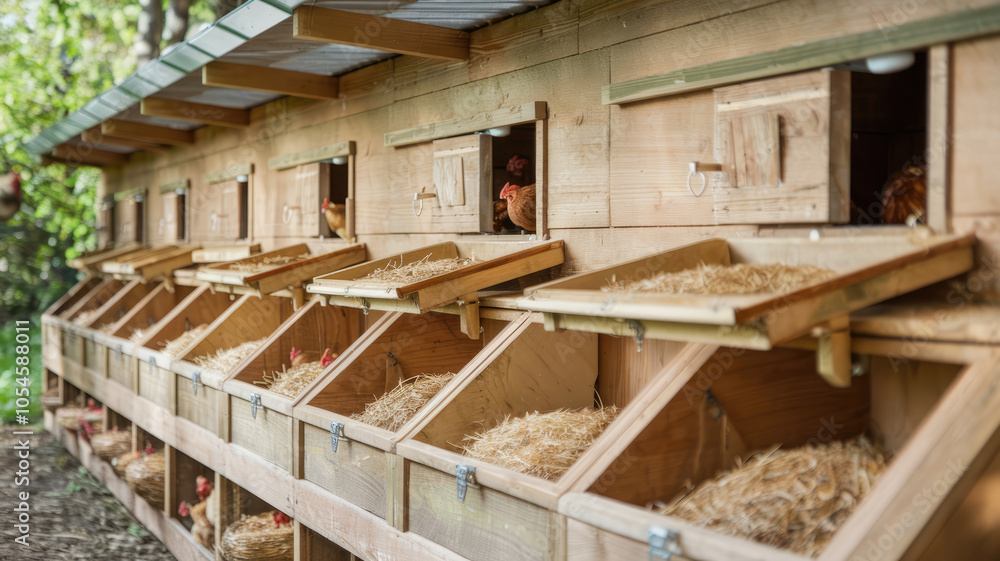 A row of wooden chicken coops with a lot of hay in them. The coops are open and the chickens are inside A row of wooden chicken coops with a lot of hay in them. The coops are open and the chickens are inside