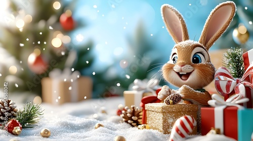 Adorable miniature bunny or rabbit playing amidst a collection of colorful Christmas gifts and presents in a snowy winter wonderland setting 3D