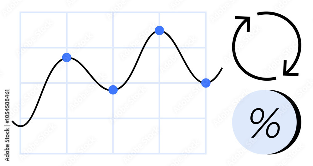 Graph with black trendline and blue data points. Reload icon and percentage symbol. Ideal for data analysis, performance tracking, statistics, financial forecasting, business analytics, educational Graph with black trendline and blue data points. Reload icon and percentage symbol. Ideal for data analysis, performance tracking, statistics, financial forecasting, business analytics, educational