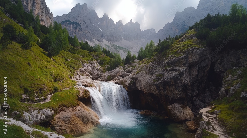 Serene Mountain Waterfall Surrounded by Lush Greenery Serene Mountain Waterfall Surrounded by Lush Greenery