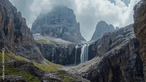 Majestic Waterfall in Mountain Landscape with Dramatic Cloud Cover