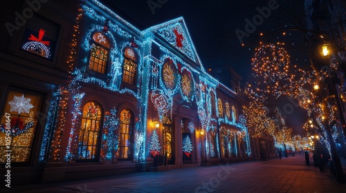 Wallpaper Mural A beautifully decorated building adorned with blue and white Christmas lights, surrounded by glowing trees and festive ornaments on a quiet winter night. Torontodigital.ca