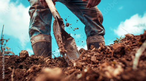 Man digging soil with shovel in garden for landscaping and cultivation photo